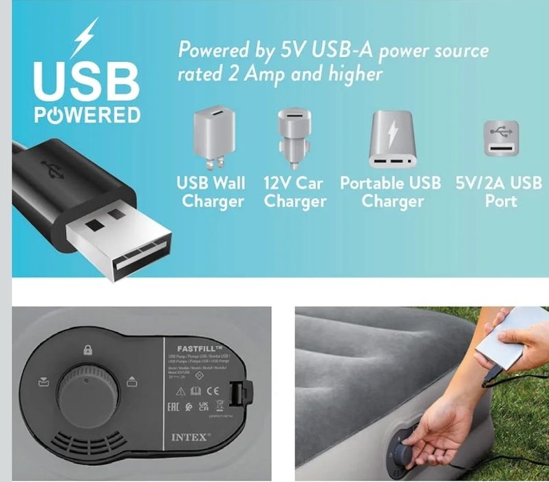 Intex Materac Dmuchany z wbudowana pompka na usb, Szary, 152x203x30cm