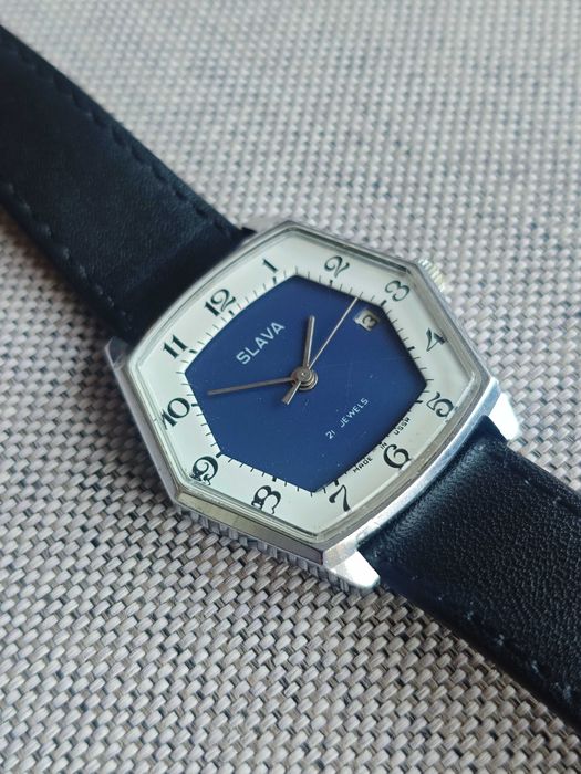 Bi-kolor SZEŚCIOKĄTNA zadbana Slava mechaniczny zegarek nakręcany