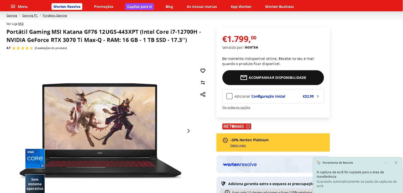 Portátil Gaming MSI Katana GF76 12UGS  i7-12700H RTX3070TI