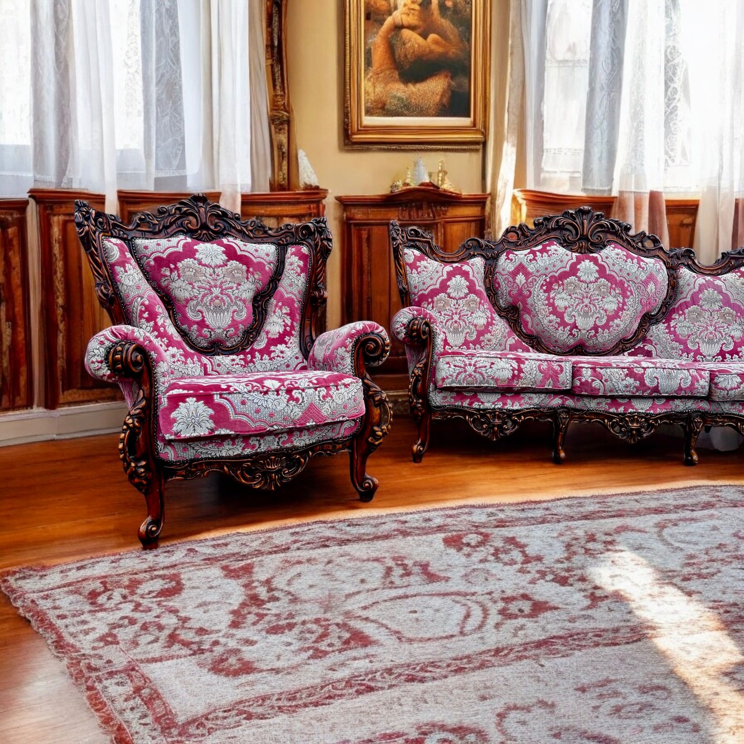 Piękny  Wypoczynek Sofa i 2 fotele w stylu włoskim - Bogato rzeźbiony