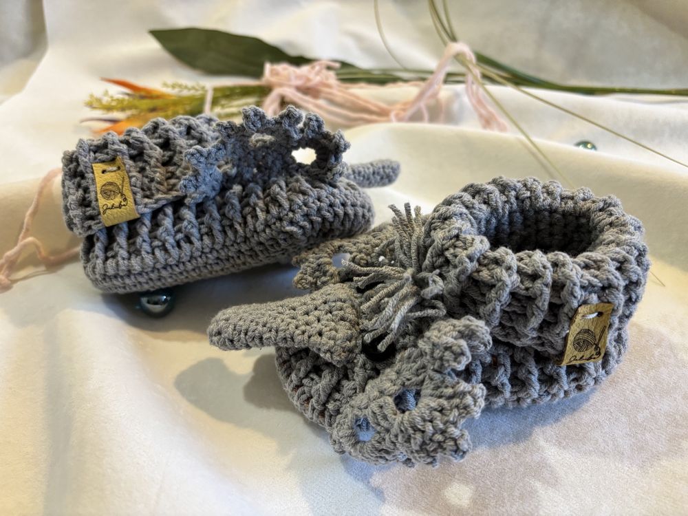 Bambosze Kapcie Buciki Słoniki 6-12 m ręcznie robione 12 cm