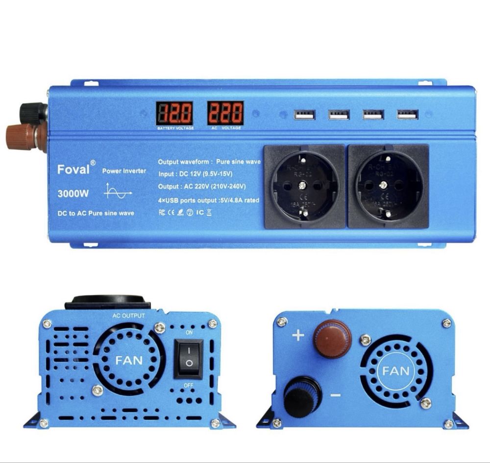 Інвертор FOVAL 1500/3000W 12V-220V з чистою синусоїдою