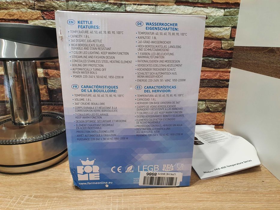 Czajnik Bezprzewodowy Szklany 1.8L Reg. Temp. 40-100°C LED Sitko ForMe