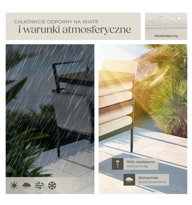 Zestaw mebli balkonowych/tarasowych, sofa lub fotele ze stolikiem.