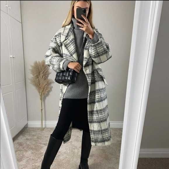Płaszcz Zara wełna wełniany oversize krata kratka rozm L NOWY