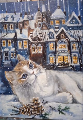 Кот, зима, животное, картина масляными красками на холсте