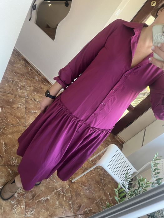 Fioletowa sukienka M midi elegancka koszulowa