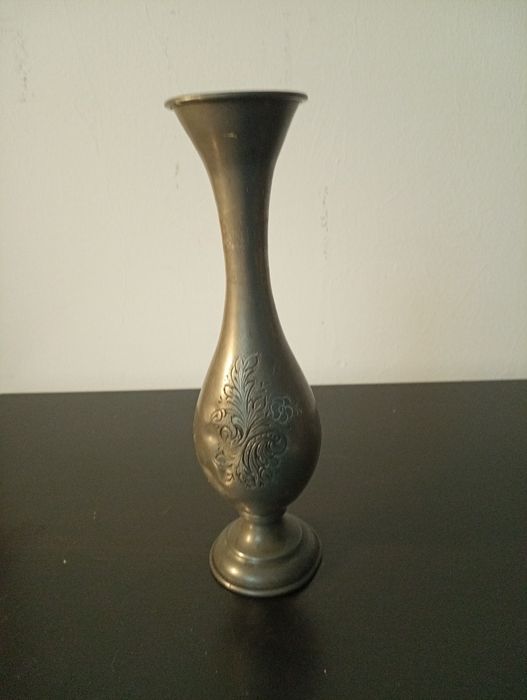 antiga jarra 7 vaso solitario em estanho puro gravuras florais vintage