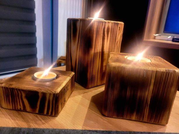 Świeczniki drewniane zestaw 3 sztuk rękodzieło podpalany