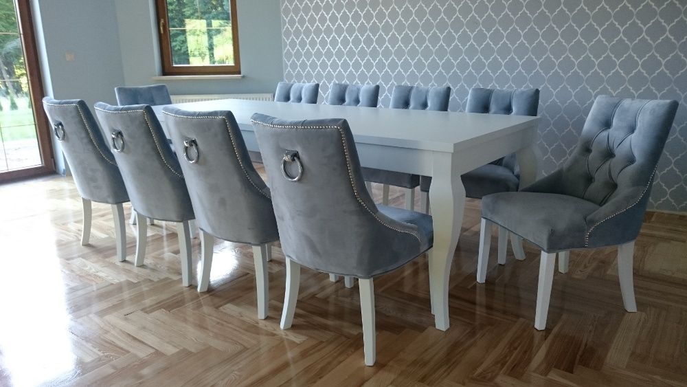 Krzesło tkanina siwa szara z kołatką hampton glamour chesterfield nowe