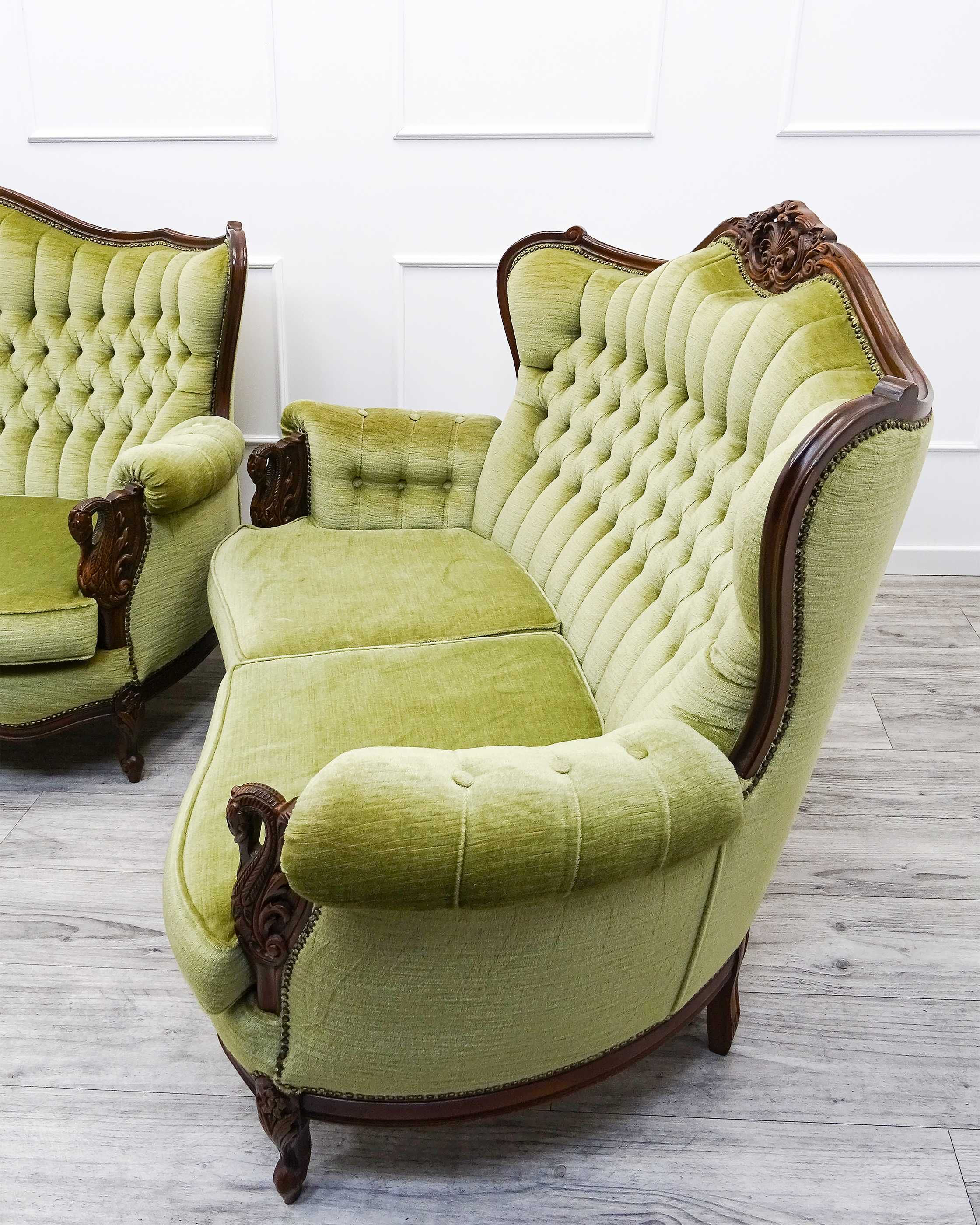 Meble do SALONU Komplet Ludwik PIKOWANA Kanapa SOFA buk PLUSZ oliwkowy
