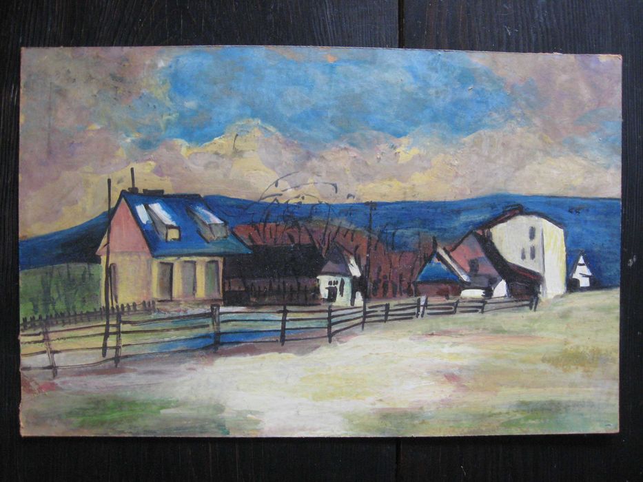 Zabudowa w szeregu pejzaż kubiczny olej na tekturze