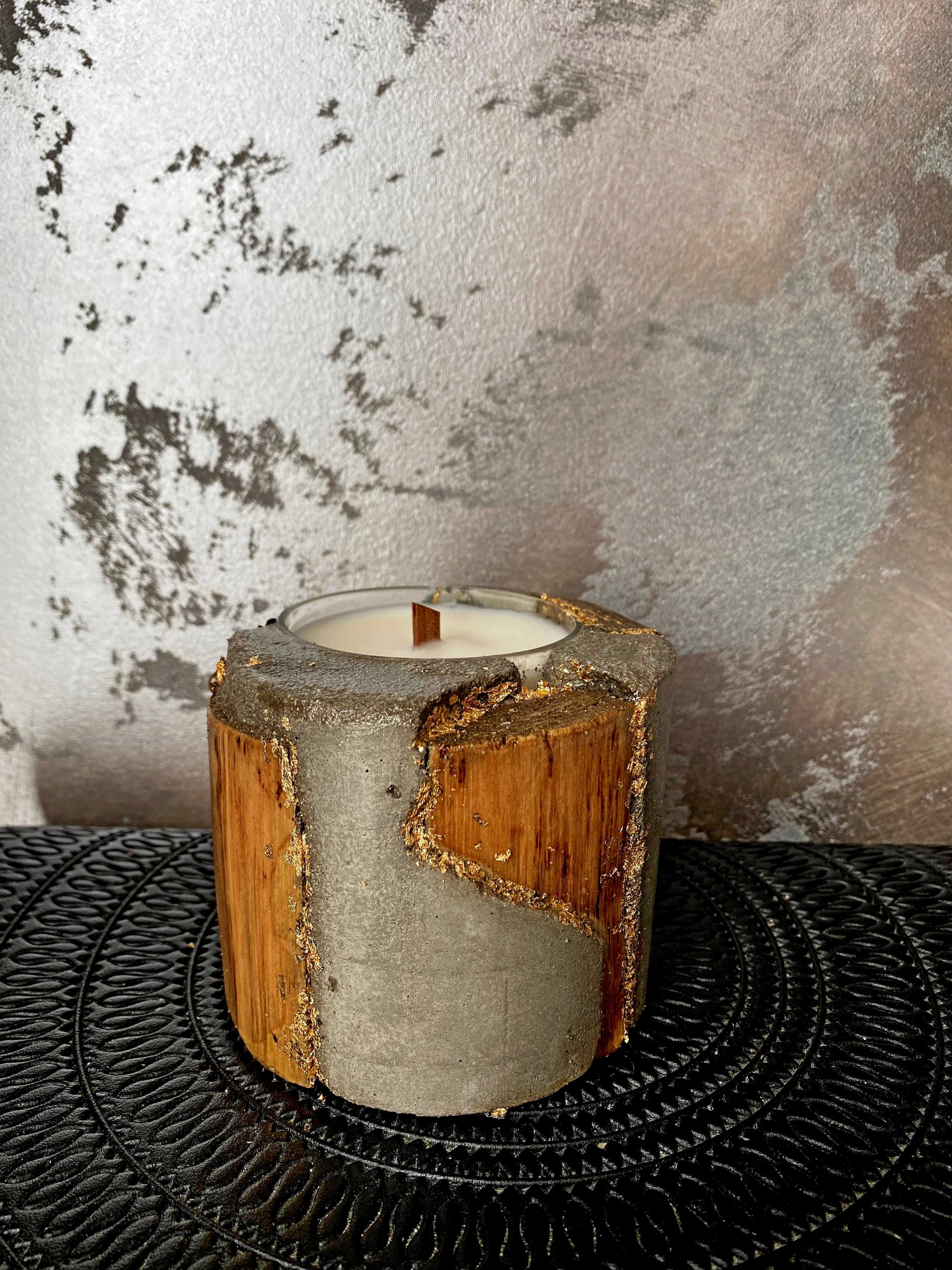 Świeca sojowa dekoracyjna z betonu i drewna