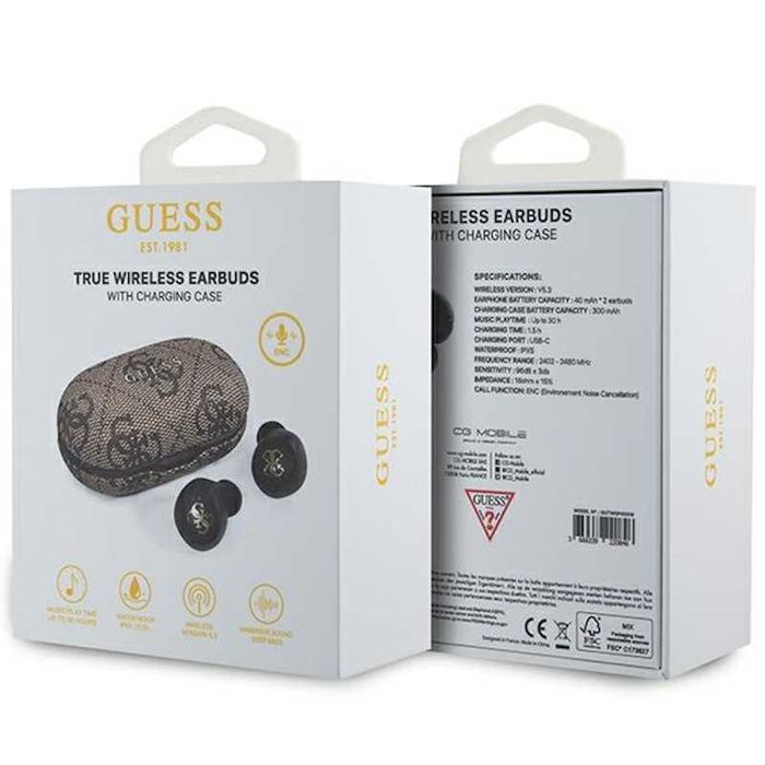 Guess słuchawki Bluetooth GUTWSP4EGW TWS  4G PU METAL LOGO brązowe