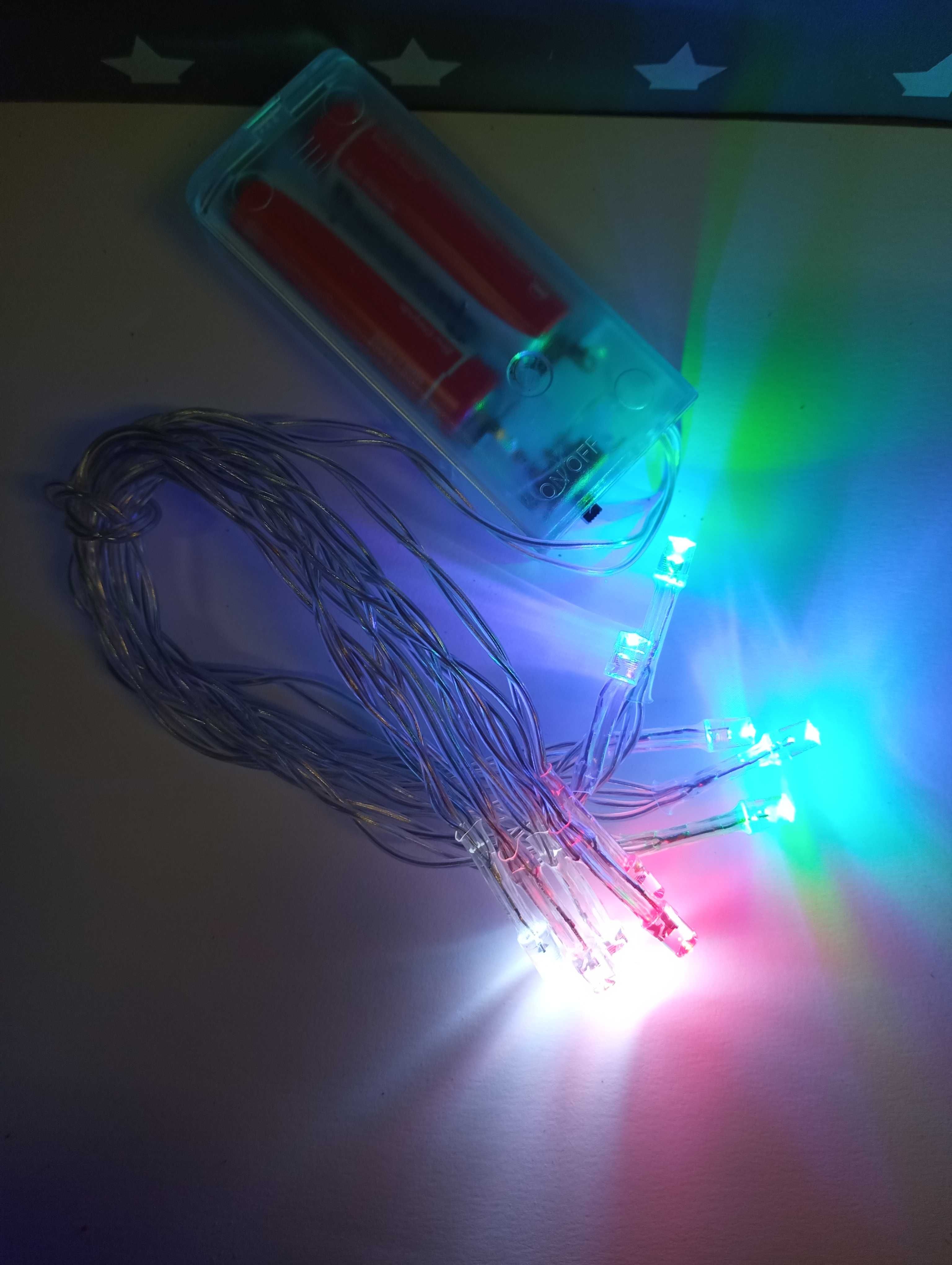 Lampki led na przezroczystym kablu na baterie 10 led kolorwe rgb