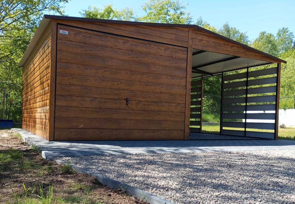 Garaż blaszany z altaną drewnopodobny 5x5 PRODUCENT (104)