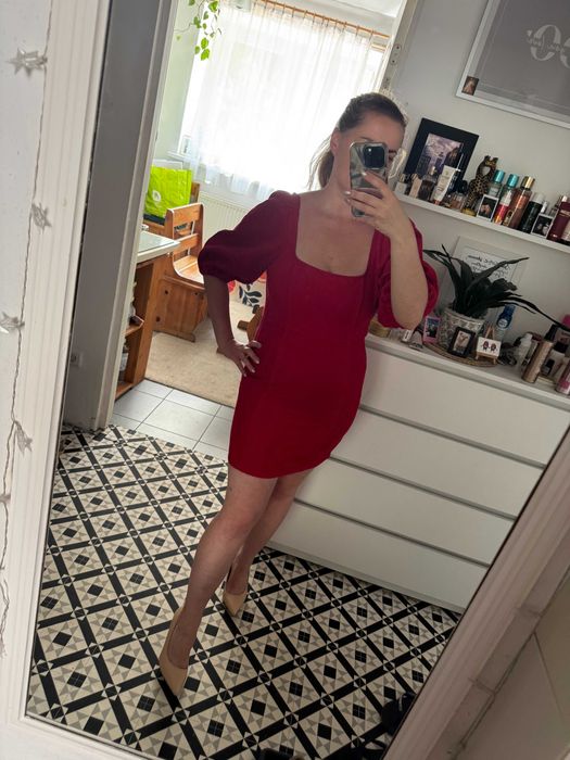 Czerwona sukienka mini 34 Xs S bawełna Asos sztruksowa prążkowana