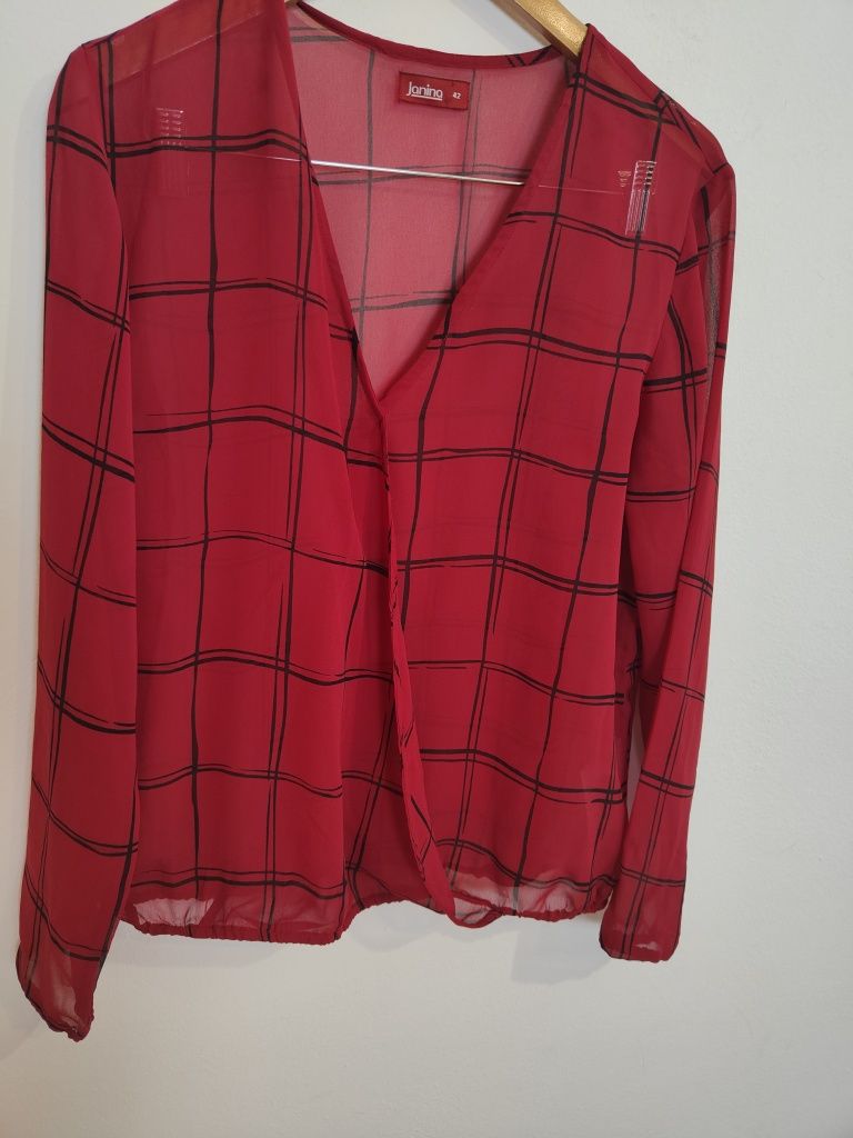 Damska Bluzka Bordowa  w Kratkę  z Długim Rękawem Janina  (XL)