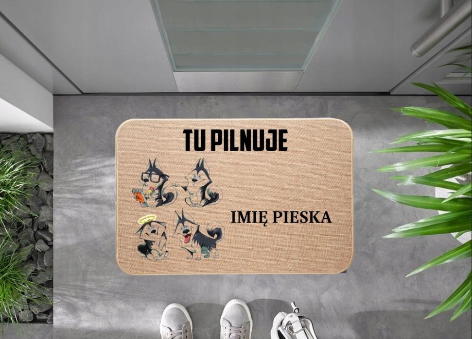 lniana wycieraczka wejściowa tu pilnuje + husky idealny prezent