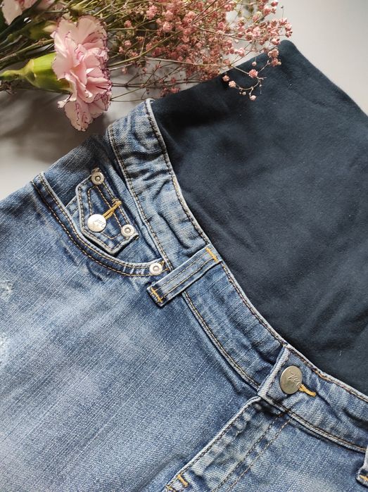 Krótka jeansowa spódniczka ciążowa H&M Mama rozmiar M z przetarciami