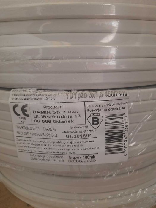 Przewód instalacyjny YDY 3x1,5 płaski 100mb