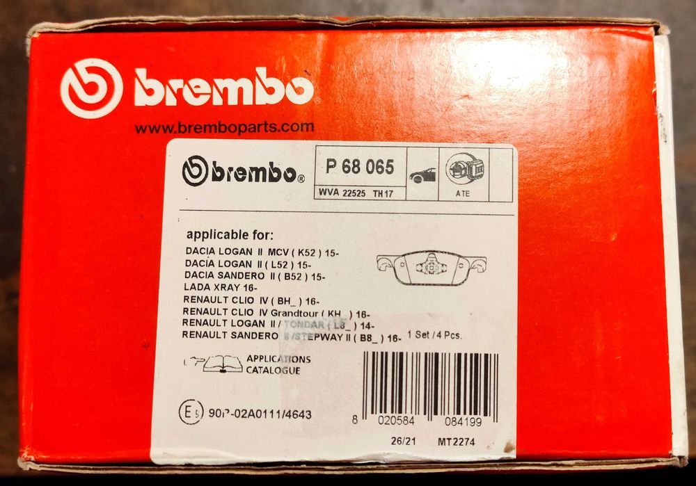 Nowe klocki hamulcowe Clio - komplet P 68 065 BREMBO