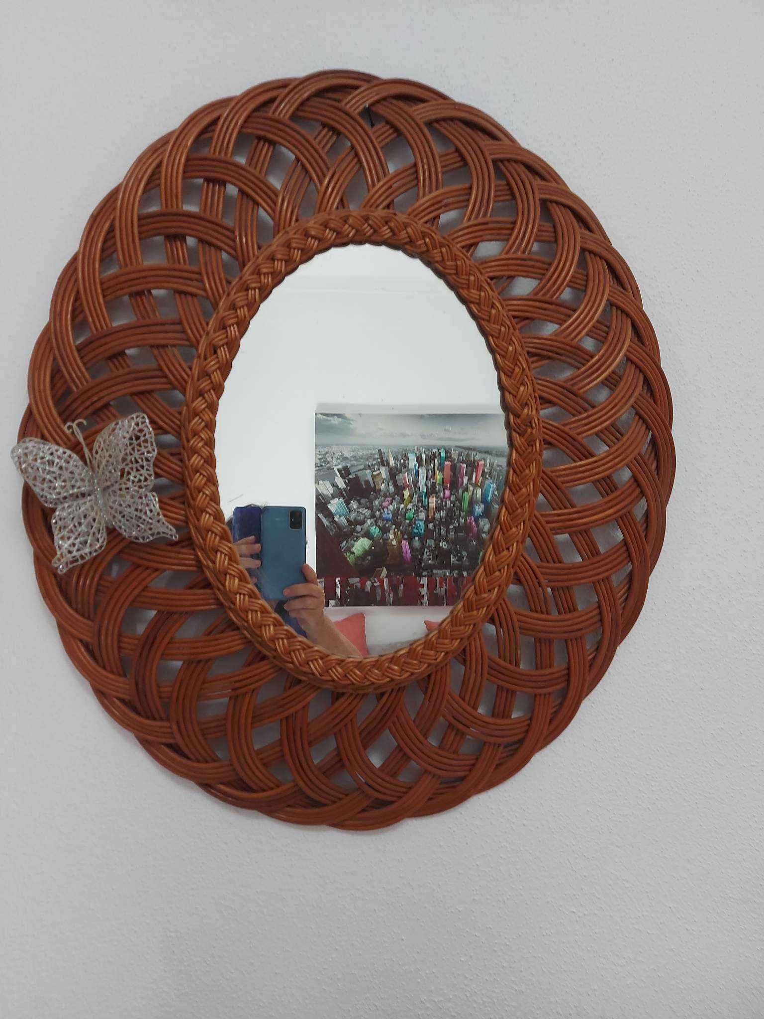 espelho redondo decoração rattan madeira vintage