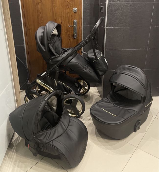 Wozek ekoskórą 4w1 Berco gold premium retro fotelik + baza isofix