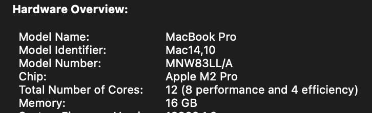 Macbook pro 16 m2 pro 12 cpu 19 gpu 16ram/512 GB