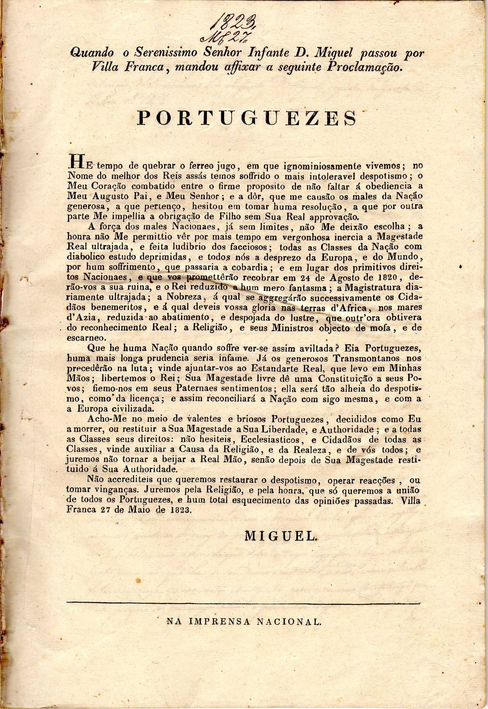 RARÍSSIMA Proclamação de D. Miguel Anunciando a Vila-Francada de 1823