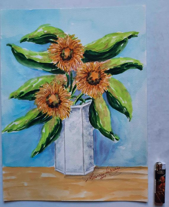 Kwiaty w wazonie Akwarela sygnowana Martwa natura