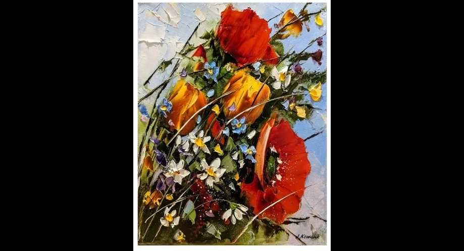 Kowalik - Kolorowy bukiet obraz olejny 24x30cm kwiaty maki