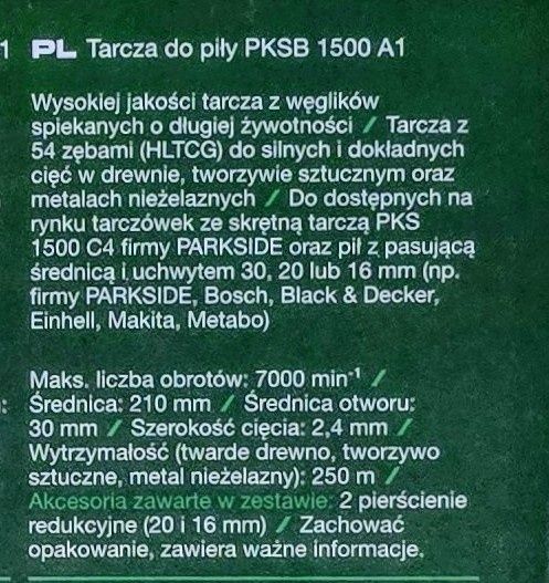 Parkside tarcza do pilarki ukośnicy PKSB 1500 A1 210x30/20/16 mm 54Z