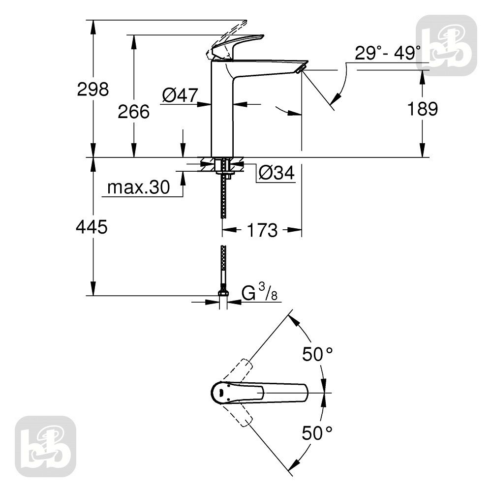 Смеситель для умывальника GROHE EUROSMART NEW 23971003, высота 189 мм