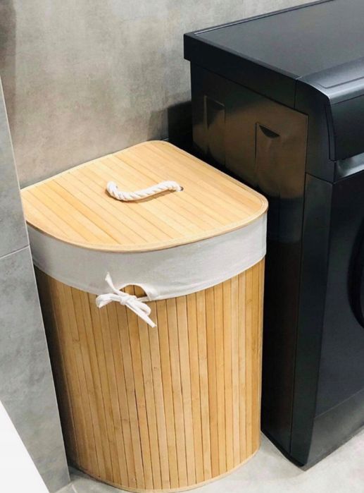 Narożny bambusowy kosz na pranie z pokrywą nowy pojemny 60L