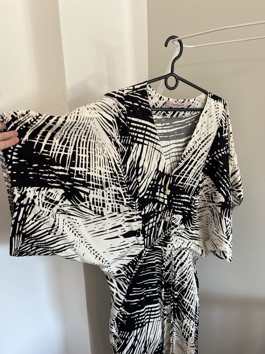 Kombinezon L XL XXL czarno bialy palmy oversize plus size eleganki