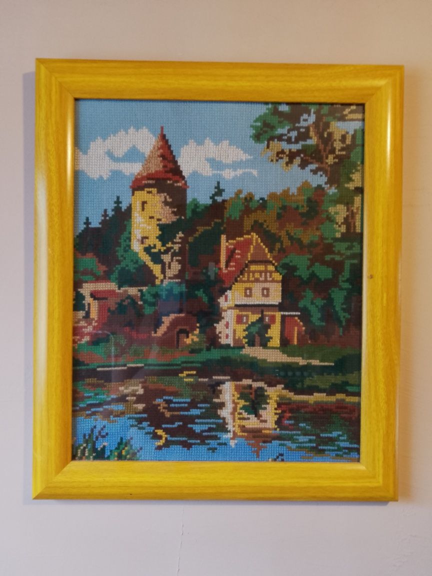 Ręcznie wyszywany obraz oprawiony