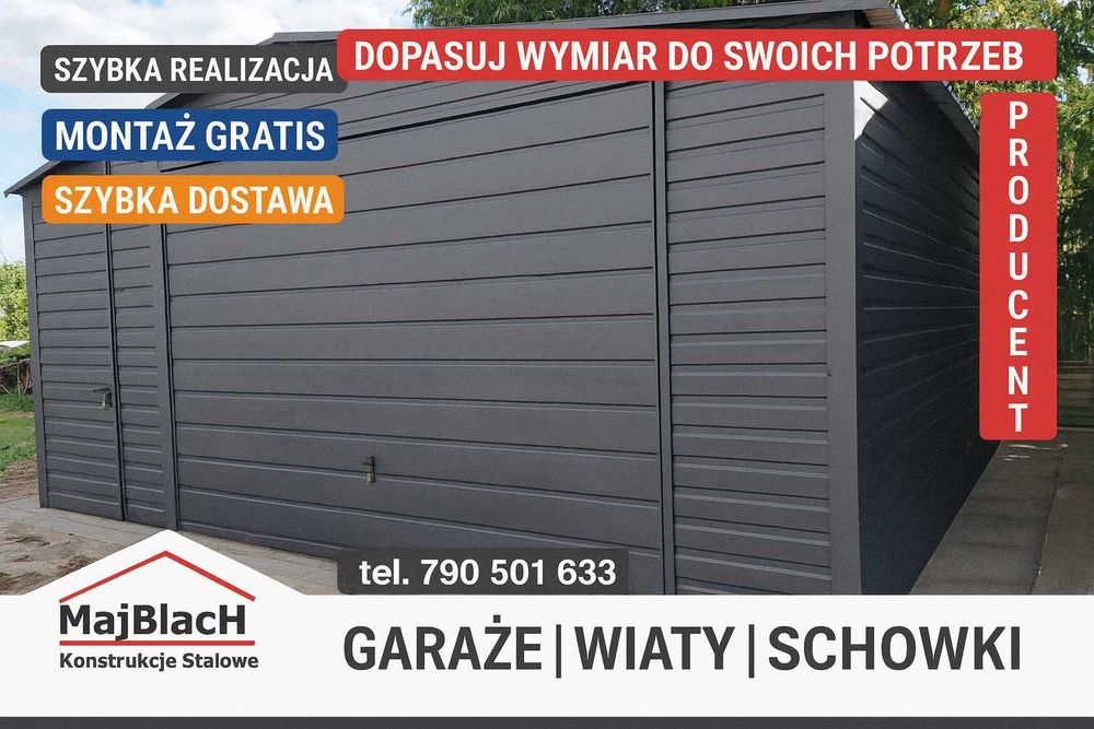Garaż Blaszany Dwuspadowy / GRAFIT /SZYBKI MONTAŻ GRATIS / – Maj-Blach
