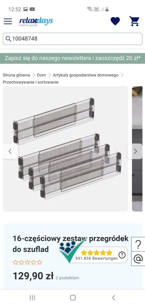 Czteroczęściowy zestaw przegródek do szuflad