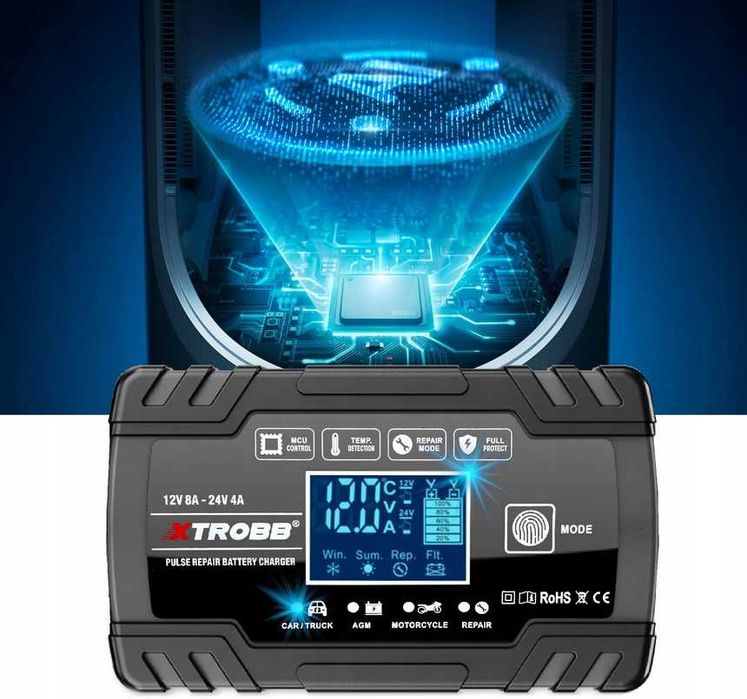 Prostownik AUTOMATYCZNY Z Funkcją NAPRAWY LCD Temperatura 12V 24V 8A