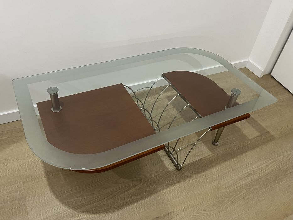 Mesa de centro sala madeira cerejeira vidro e inox