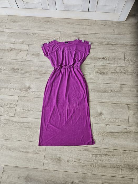 Długa sukienka prosta różowa brokat na wesele przyjęcie wizytowa