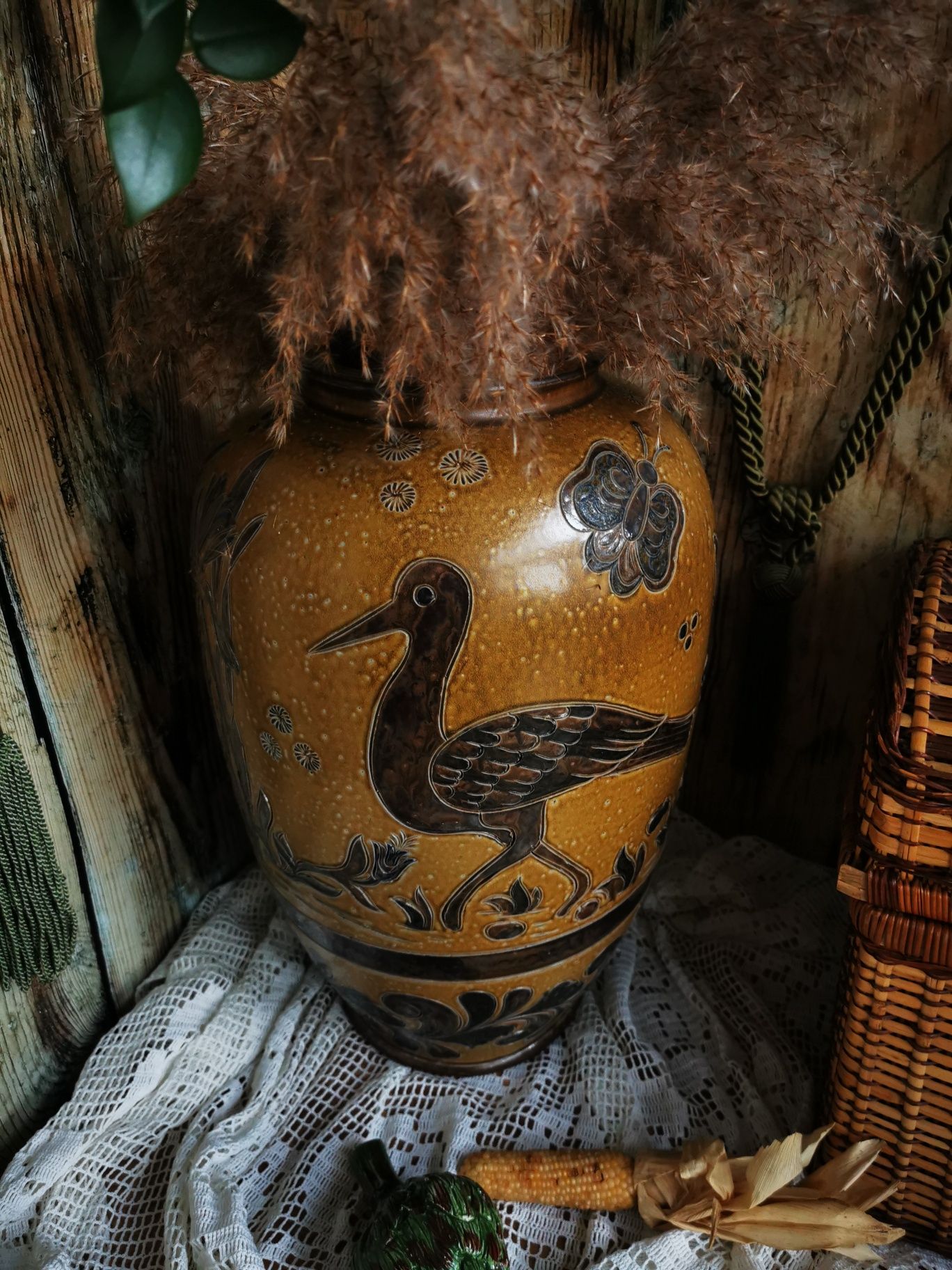 Duży wazon podłogowy, ceramika, ptaki vintage UNIKAT