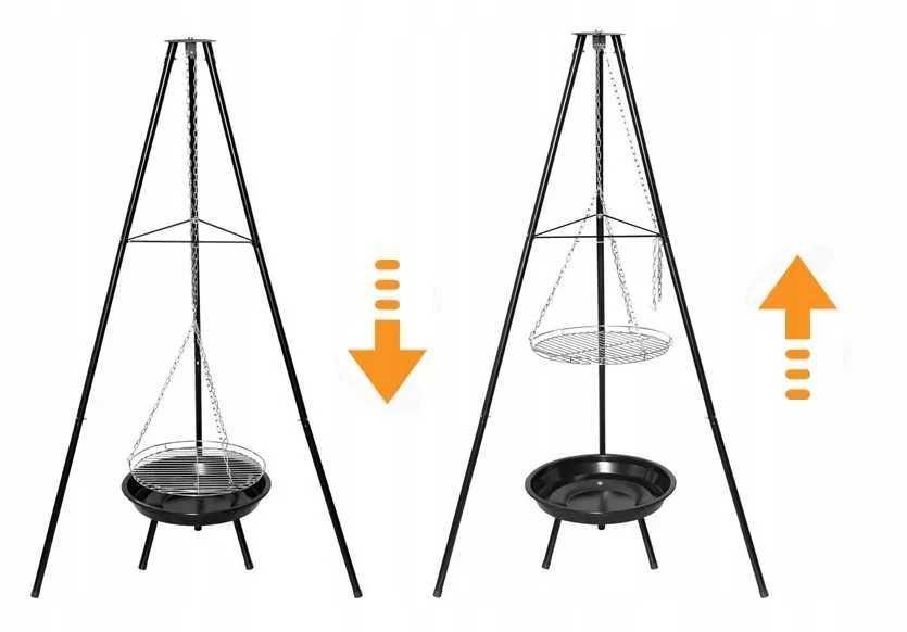 Grill Ogrodowy Wiszący Ruszt Palenisko Trójnóg Chromowany Solidny