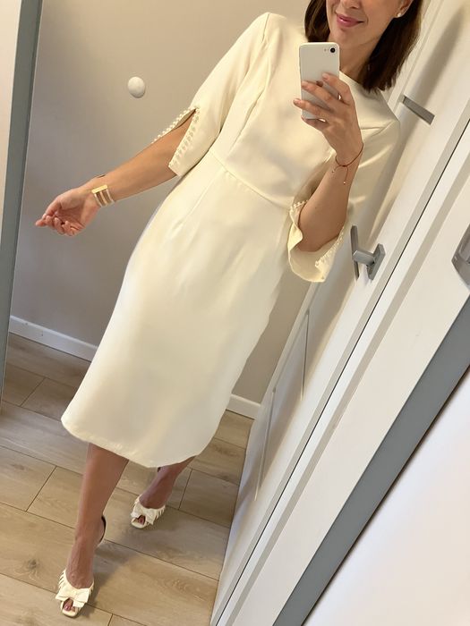 Piękna Biała Sukienka Midi Kobieca Elegancka Ślub Wesele Chrzest