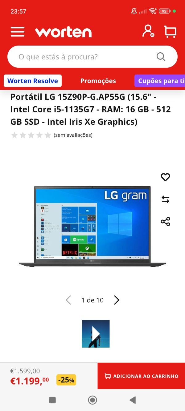 LG Gram 15Z90P  15-20h de autonomia