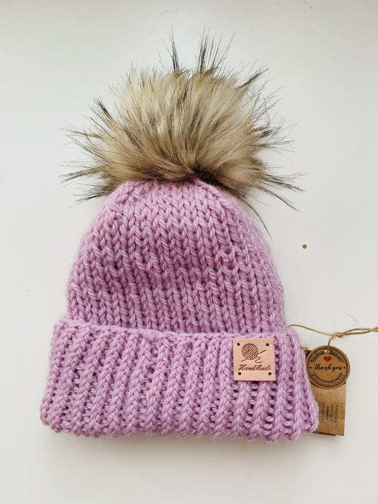 Ręcznie robiona zimowa czapka wełniana z pomponem wełna alpaka 100%