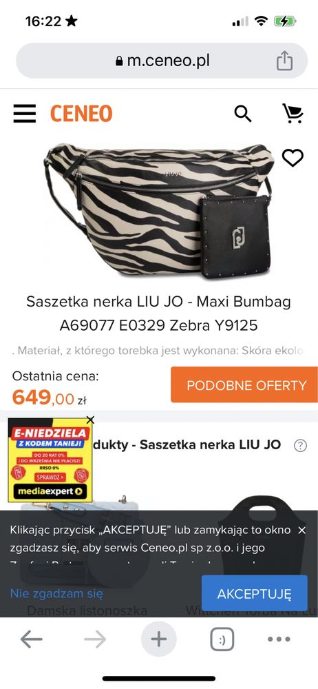 Nowa oryginalna torba, bardzo duża nerka. Zebra LIU JO