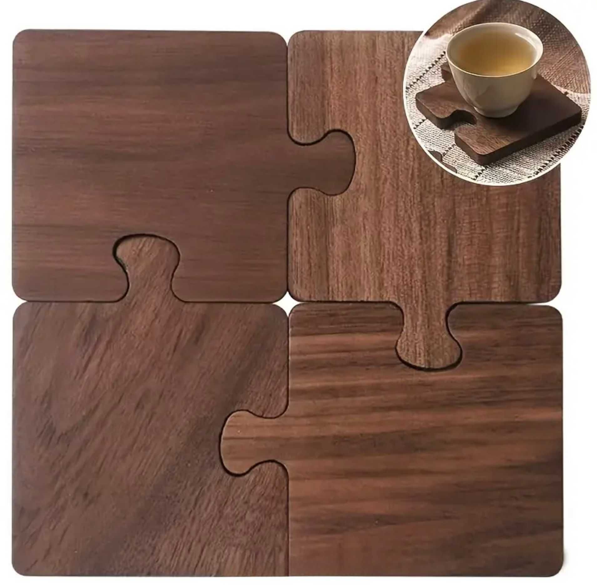 Drewniane podstawki pod kubki – kształt puzzli | zestaw 4 sztuki