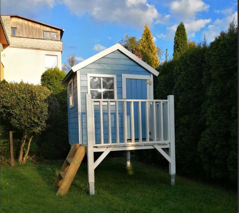 IDEALNY DLA DZIECI DREWNIANY Domek Ogrodowy + Czerwona Zjeżdżalnia DIY